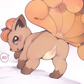 1girl absurdres animal_focus animal_sexualization anus ass blush brown_eyes cleft_of_venus commentary english_commentary from_behind full_body gen_1_pokemon highres looking_back multiple_tails nintendo open_mouth pokemon pokemon_(creature) pussy simple_background solo speech_bubble spoken_blush tail uncensored vulpix white_background youjo_modoki