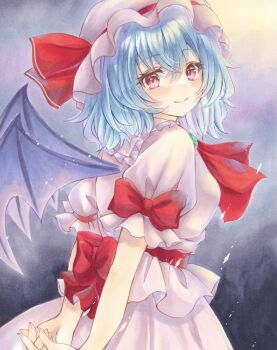 Rule 34 | 1girl, 2424yume, arms behind back, ascot, back bow, bat wings, blue hair, bow, commentary request, dress, dress bow, from side, hat, highres, looking at viewer, marker (medium), mob cap, pink dress, pink hat, puffy short sleeves, puffy sleeves, red ascot, red bow, remilia scarlet, short hair, short sleeves, smile, solo, touhou, traditional media, wings