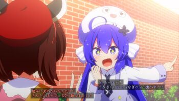 +_+ 2girls :d ahoge alternate_costume anime_coloring beret black_necktie blue_dress blue_eyes blue_hair brick brick_wall brown_hair chaakusu collared_shirt commentary_request double-parted_bangs dress eel_hat fake_screenshot fang finger_counting from_behind hat headgear highres light_particles long_hair long_sleeves looking_at_another low_twintails multiple_girls necktie open_mouth otomachi_una outdoors pinafore_dress pointing pointing_to_the_side red_hat shirt sidelocks sleeveless sleeveless_dress smile touhoku_kiritan twintails very_long_hair vocaloid voiceroid white_hat white_shirt