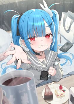1boy 1girl :t artist_name black_choker black_ribbon blue_hair cake cake_slice cellphone choker closed_mouth collarbone commentary_request cup dress ear_piercing food food_on_face fork frilled_sailor_collar frills grey_dress grey_sailor_collar hair_ornament hair_ribbon hairclip highres holding holding_fork jewelry kanae_(tsukiman) long_hair long_sleeves looking_at_viewer o-ring o-ring_choker original phone piercing pov pov_hands rabbit_hair_ornament reaching reaching_towards_viewer red_eyes ribbon ring sailor_collar smartphone solo_focus tsukiman twintails twitter_username very_long_hair