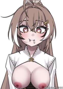 Rule 34 | 1girl, black streaks, breasts, breasts out, brown eyes, brown hair, cum, cum in mouth, heart, heart-shaped pupils, high ponytail, highres, hololive, hololive english, long hair, looking at viewer, medium breasts, multicolored hair, nanashi mumei, nanashi mumei (1st costume), nipples, ponytail, shirt, solo, symbol-shaped pupils, virtual youtuber, white shirt, white streaks, zenox5300