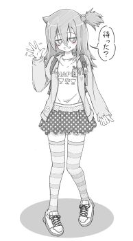 1girl alternate_hairstyle azuminonomizua backpack bag bags_under_eyes blush casual clothes_writing commentary_request floral_print floral_print_shirt full_body greyscale hair_between_eyes hair_bobbles hair_ornament hand_up highres jacket kuroki_tomoko long_hair long_sleeves looking_at_viewer miniskirt monochrome motion_lines one_side_up open_clothes open_jacket open_mouth pleated_skirt polka_dot polka_dot_skirt print_shirt shirt shoes sidelocks simple_background skirt smile sneakers solo speech_bubble split_mouth standing striped_clothes striped_thighhighs thighhighs translation_request watashi_ga_motenai_no_wa_dou_kangaetemo_omaera_ga_warui! waving white_background