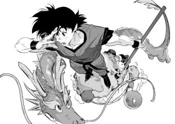 2boys animal atie1225 blush bubbles_(dragon_ball) car cloud commentary dragon dragon_ball dragon_ball_(object) from_above full_body greyscale highres holding horns jumpsuit looking_to_the_side monkey monochrome motor_vehicle multiple_boys north_kaiou open_mouth sash shenron_(dragon_ball) short_hair simple_background son_goku symbol-only_commentary whiskers wristband