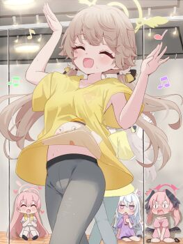 4girls :d alternate_costume armpits azusa_(blue_archive) blonde_hair blue_archive blush breasts closed_eyes clothes_lift commentary_request cowboy_shot dancing dress drinking full-length_mirror hair_wings halo hanako_(blue_archive) heart hifumi_(blue_archive) highres koharu_(blue_archive) long_hair midriff mikumiku37 mirror multiple_girls musical_note open_mouth pants peroro_(blue_archive) pink_dress pink_hair pink_halo purple_dress purple_eyes red_halo reflection shirt shirt_lift sitting smile star_(symbol) sweat sweatdrop track_pants trinity_general_school_logo upskirt very_long_hair wariza wide_sleeves wings yellow_halo yellow_shirt
