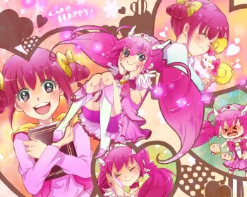 &gt;_&lt; 1girl afterimage applying_makeup book boots bow candy_(smile_precure!) character_name closed_eyes cure_happy hair_bow hair_ornament hands_on_own_cheeks hands_on_own_face heart holding holding_book hoshizora_miyuki knee_boots kuzumochi long_hair magical_girl multiple_views open_mouth pink_bow pink_eyes pink_hair pink_shirt precure shirt smile smile_precure! tiara twintails yellow_bow