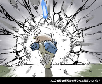 Rule 34 | 1boy, backpack, bag, blonde hair, blue bag, blue gloves, clenched hands, commentary request, crack, debris, emphasis lines, from behind, full body, gloves, grass, helmet, leg up, louie (pikmin), male focus, naru (wish field), nintendo, outdoors, pikmin (series), pikmin 3, pointy ears, punching, radio antenna, shadow, short hair, solo, space helmet, spacesuit, translation request, very short hair