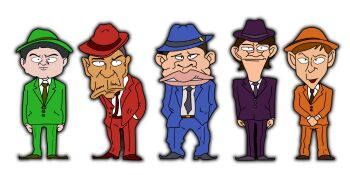 5boys arms_at_sides belt black_eyes black_hair blue_hat blue_necktie blue_pants blue_shoes blue_suit brown_belt brown_hair brown_shoes buttons buzz_cut caricature closed_mouth collared_shirt commentary downtown_no_gaki_no_tsukai_ya_arahende!! endo_shozo facial_hair formal_clothes full_body green_hat green_necktie green_pants green_shoes green_suit hamada_masatoshi hands_in_pockets hat highres jacket lips looking_at_viewer matsumoto_hitoshi multiple_boys mustache necktie nostrils open_clothes open_jacket open_mouth orange_hat orange_necktie orange_pants orange_suit pants pencil_mustache pslostachi purple_hat purple_necktie purple_pants purple_shoes purple_suit red_belt red_hat red_necktie red_pants red_shoes red_suit shirt shoes short_hair simple_background standing suit tanaka_naoki thick_lips tsukitei_housei very_short_hair white_background white_shirt