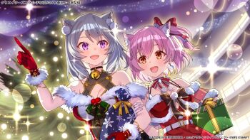2girls :d animal_ear_fluff animal_ears assault_lily bare_shoulders bell belt belt_buckle bikini black_bow black_choker blurry blurry_background blush bow breasts buckle cat_ears cat_girl choker christmas christmas_lights christmas_tree cleavage_cutout clothing_cutout commentary_request copyright_notice crescent crescent_earrings detached_sleeves dress dress_bow earrings fur-trimmed_dress fur-trimmed_gloves fur-trimmed_sleeves fur_trim gift gloves grey_hair hair_between_eyes hair_bow hair_ornament halter_dress halterneck hand_on_another's_arm hands_up hata_matsuri hitotsuyanagi_riri holding holding_gift jewelry jingle_bell kemonomimi_mode light_particles looking_at_another looking_to_the_side medium_breasts medium_hair multiple_girls neck_bell neck_ribbon night off-shoulder_dress off_shoulder official_alternate_costume official_art one_side_up open_mouth orange_eyes outdoors pink_hair pointing pointing_up pom_pom_(clothes) pom_pom_hair_ornament purple_eyes red_bow red_dress red_gloves red_ribbon ribbon ring santa_costume santa_dress short_hair short_sleeves side-tie_bikini_bottom single_earring sleeveless sleeveless_dress smile sparkle standing suneru swimsuit upper_body white_belt white_gloves