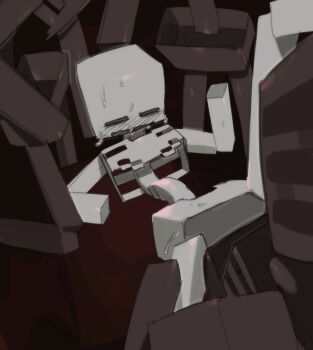 1kogito1 4boys ambiguous_gender black_skin blush colored_skin commentary english_commentary grey_eyes half-closed_eyes highres minecraft multiple_boys nervous no_pupils open_mouth skeleton_(minecraft) spread_legs sweat tall_male the_nether_(minecraft) undead white_skin wither_skeleton_(minecraft) yaoi