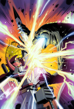 battle beam breath_weapon claws crossover daizyuzin dino_megazord emilio_lopez giant giant_monster glowing glowing_eyes glowing_mouth godzilla godzilla_(series) holding holding_sword holding_weapon horns kaiju machine mecha mighty_morphin_power_rangers no_humans official_art open_mouth power_rangers power_rangers_(boom!_studios) robot science_fiction sharp_teeth spines super_robot sword tail teeth toho tokusatsu weapon yellow_eyes