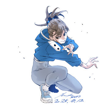 1girl brown_eyes brown_hair crop_top full_body highres hood hoodie looking_to_the_side nabipenciller original ponytail shoes sneakers solo squatting unitard