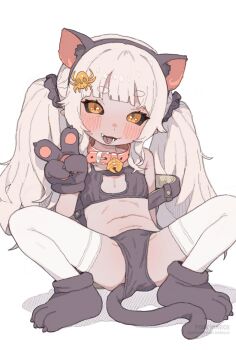 1girl animal_ears animal_hands bell black_panties cat_cutout cat_ears cat_tail clothing_cutout collar colored_sclera commentary english_commentary fake_animal_ears gloves hair_ornament highres indie_virtual_youtuber jingle_bell kumo_kuddelmuddel loli long_hair looking_at_viewer open_mouth paid_reward_available panties paw_gloves possummachine simple_background solo tail thighhighs twintails underwear white_background white_thighhighs