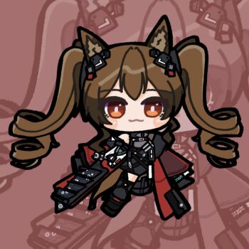 Rule 34 | 1girl, :3, angelina (arknights), animal ear fluff, animal ears, arknights, arknights: endfield, bare shoulders, belt, black dress, black thighhighs, blush stickers, bracelet, bright pupils, brown hair, chibi, coat, commentary, diamond in eye, dress, drill hair, fox ears, fox girl, fox tail, full body, gilberta (arknights), headpiece, high belt, highres, infection monitor (arknights), jewelry, long hair, long sleeves, neirozum, off shoulder, red background, red coat, red eyes, short dress, solo, tail, thighhighs, twin drills, twintails, white pupils, zoom layer