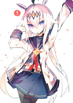 ! 1girl ahoge animal_ears arms_up belt black_pantyhose blue_eyes blue_skirt coat colored_inner_animal_ears commentary_request cropped_shirt grey_belt hair_between_eyes hair_ornament hairband highres horse_ears horse_girl long_hair long_sleeves meto_(metrin) navel oguri_cap_(starlight_beat)_(umamusume) oguri_cap_(umamusume) pantyhose parted_lips pleated_skirt shirt simple_background skirt solo spoken_exclamation_mark umamusume very_long_hair white_background white_coat white_hair white_shirt yellow_hairband