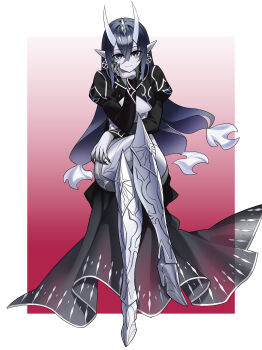 1girl absurdres black_hair border breasts closed_mouth commentary_request crossed_legs dominus_spark duel_monster earrings hair_between_eyes highres horns jewelry long_hair long_sleeves looking_at_viewer pointy_ears sitting white_border yu-gi-oh! yxzzbg