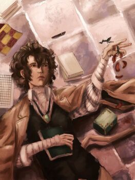 1boy bandaged_arm bandages black_vest book box brown_eyes brown_hair bungou_stray_dogs collared_shirt commentary cowboy_shot curly_hair dazai_osamu_(bungou_stray_dogs) english_commentary falling_petals flower hand_on_own_stomach highres holding holding_flower jacket jade_pendant kusaikdd looking_to_the_side lying male_focus on_back on_ground pen petals rose shirt short_hair solo striped_clothes striped_shirt tiles vest white_shirt yellow_jacket