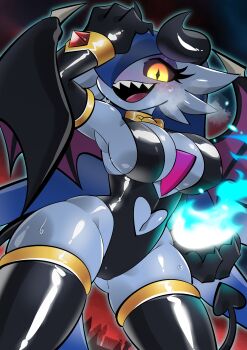 1girl absurdres alternate_color alternate_shiny_pokemon arm_up bare_shoulders black_gloves black_horns black_leotard black_thighhighs black_wings blue_fire blue_hair blue_outline blue_skin blush breasts breath cameltoe clothing_cutout collar colored_sclera colored_skin commission cowboy_shot demon_girl demon_horns demon_tail dutch_angle elbow_gloves eyeshadow female_focus fire frost_monodie gardevoir gem gen_3_pokemon gloves gluteal_fold gold gold_trim hair_over_one_eye hand_on_own_head hand_up happy heart_cutout highres horns large_breasts leotard long_hair looking_at_viewer makeup navel_cutout nintendo nose_blush one_eye_covered open_mouth outline pokemon pokemon_(creature) purple_eyeshadow purple_sclera purple_wings pyrokinesis red_background red_gemstone sharp_teeth shiny_skin skindentation smile solo spiked_wings standing sweat tail teeth thick_thighs thighhighs thighs very_long_hair wide_hips wings yellow_eyes