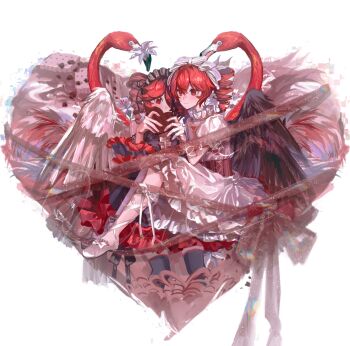 2girls alternate_costume angel_wings animal bird black_dress black_hairband black_thighhighs black_wings blush bow chocolate closed_mouth dress drill_hair dual_persona flamingo frilled_dress frilled_hairband frills hair_between_eyes hair_bow hair_ribbon hairband heart highres holding kasane_teto kasane_teto_(sv) leg_ribbon multiple_girls over-kneehighs qiu-k_(qiukkon) red_eyes ribbon shoes smile synthesizer_v thighhighs twin_drills utau valentine white_background white_bow white_dress white_hairband white_ribbon white_shoes wings