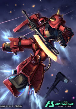 axe bazooka_(gundam) commentary commentary_request copyright_name copyright_notice flying glowing glowing_eye gundam gundam_arsenal_base gundam_msv heat_hawk highres holding holding_axe horns mecha mecha_focus mobile_suit no_humans official_art one-eyed purple_eyes robot science_fiction shoulder_spikes single_horn soezy solo space spikes star_(sky) thrusters weapon zaku_ii_hmt_johnny_ridden_custom zero_gravity