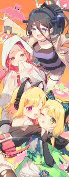 4girls :d ;3 ;d ;o \o/ absurdres alternate_costume animal_ear_fluff animal_ear_headphones animal_ears aris_(blue_archive) arms_up bandaged_arm bandaged_leg bandages bare_shoulders bat_hair_ornament bat_ornament bat_wings belt belt_buckle bilingual_commentary black_bridal_gauntlets black_dress black_hair black_shirt blonde_hair blue_archive blue_bow blue_bowtie blue_eyes blue_hairband blue_halo blue_ribbon blush bow bowtie bridal_gauntlets bright_pupils brown_thighhighs buckle capelet cat_ear_headphones cat_ears cat_tail cheek-to-cheek cloak closed_mouth collar commentary commentary_request cosplay covered_mouth covering_own_mouth cowboy_shot cutoffs dot_nose double-parted_bangs dress english_commentary fake_animal_ears forehead frankenstein's_monster_costume frilled_dress frills game_development_department_(blue_archive) gem gem_hair_ornament ghost_costume glint glomp grabbing_another's_arm green_capelet green_dress green_halo green_pupils green_shorts grey_eyes hair_between_eyes hair_ornament hair_ribbon hairband halloween halloween_costume halo hand_on_another's_arm hand_over_own_mouth hands_up headphones heads_together high_ponytail highres hood hood_up hooded_cloak hug incredibly_absurdres jacket korean_commentary leaning_forward light_blush long_hair long_hair_between_eyes long_sleeves looking_at_viewer looking_to_the_side loosely_tucked_bangs low-tied_sidelocks mechanical_tail medium_hair midori_(blue_archive) mixed-language_commentary momoi_(blue_archive) multi-source_commentary multiple_girls object_through_head off-shoulder_dress off_shoulder one_eye_closed open_clothes open_jacket open_mouth orange_background orange_gem outstretched_arms pink_belt pink_collar pink_eyes pink_halo pink_pupils pixelated ponytail purple_shirt raised_inner_eyebrows rectangular_halo red_background red_hair ribbon ringed_eyes sash screw_in_head shirt short_bangs short_dress short_shorts shorts siblings sidelocks simple_background sisters sleeves_past_fingers sleeves_past_wrists smile spiked_collar spikes stitched_clothes stitched_forehead stitched_leg stitched_neck stitches striped_clothes striped_shirt swept_bangs tail thighhighs torn_clothes torn_dress torn_thighhighs turning_head twins upper_body v-shaped_eyebrows very_long_hair waist_sash wavy_mouth white_cloak white_dress white_pupils wide_belt winged_hairband wings yellow_background yellow_eyes yellow_halo yellow_jacket yuzu_(blue_archive) zonunoll