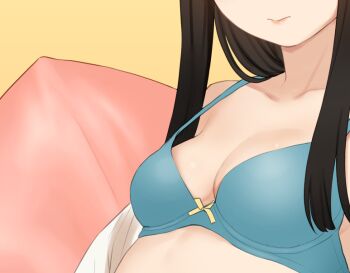 Rule 34 | 1girl, black hair, blue bra, bow, bow bra, bra, bra strap, breasts, close-up, collarbone, hatsuyuki (kancolle), kantai collection, long sidelocks, pillow, sakiecho, sideboob, sidelocks, small breasts, solo, stomach, underwear, yellow background