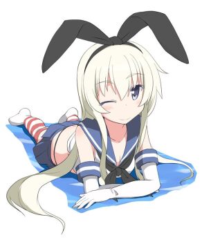 1girl animal_ear_hairband animal_ears black_hairband black_neckerchief blonde_hair blue_eyes blue_sailor_collar blue_skirt blush breasts butt_crack cleavage collarbone commentary_request crossed_arms elbow_gloves fake_animal_ears gloves hair_between_eyes hairband highleg highleg_panties kantai_collection kugui_kiyunemu long_hair long_sidelocks looking_at_viewer lying lying_on_water microskirt neckerchief on_stomach one_eye_closed panties perspective pleated_skirt rabbit_ear_hairband rabbit_ears red_thighhighs sailor_collar shimakaze_(kancolle) shirt sidelocks simple_background skirt sleeveless sleeveless_shirt smile solo striped_clothes striped_thighhighs thighhighs underwear very_long_hair white_background white_gloves white_shirt