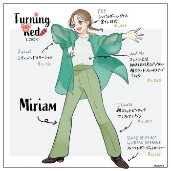 1girl animification braid brown_eyes brown_hair character_name copyright_name disney full_body happy looking_at_viewer meecosme miriam_(turning_red) open_mouth pants pixar shirt shoes short_hair smile solo sweater turning_red