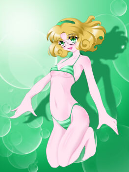 Rule 34 | 1girl, artist request, bikini, blonde hair, blush, breasts, collarbone, covered erect nipples, glasses, green background, green bikini, green eyes, hairband, highres, hououji fuu, looking at viewer, magic knight rayearth, medium hair, small breasts, smile, solo, striped bikini, striped clothes, swimsuit, underboob