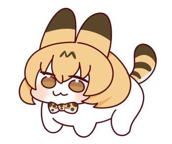 1girl :3 animal_ears animal_print blush bow bowtie creature doro_(nikke) extra_ears goddess_of_victory:_nikke kemono_friends looking_at_viewer meme notora print_bow print_bowtie serval_(kemono_friends) short_hair simple_background smile solo tail white_background
