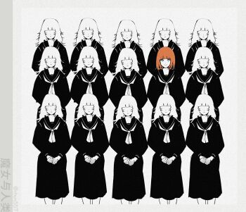 6+girls aged_down black_serafuku blunt_bangs bob_cut chun557 faceless faceless_female hashtag-only_commentary highres looking_at_viewer multiple_girls orange_hair school_uniform serafuku smile spot_color umineko_no_naku_koro_ni ushiromiya_eva