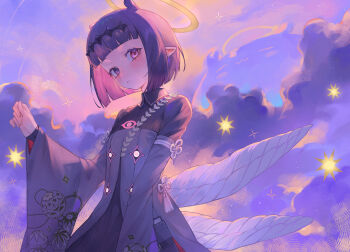 1girl absurdres animal_ears black_hairband blunt_bangs blush closed_mouth cloud cloudy_sky collared_dress colored_inner_hair commentary_request cowboy_shot dress flower_knot hairband halo heterochromia highres hololive hololive_english kiwwwwwi light_particles long_sleeves looking_at_viewer multicolored_hair ninomae_ina'nis pink_eyes pink_hair pointy_ears purple_dress purple_eyes purple_hair short_hair sky solo sparkle tassel two-tone_hair virtual_youtuber white_wings wide_sleeves wings