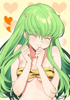 1girl animal_print bikini blush c.c. closed_eyes code_geass cone_horns cosplay creayus green_hair heart horns long_hair lum lum_(cosplay) solo swimsuit tiger_print upper_body urusei_yatsura