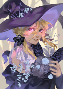 1girl black_bow black_cape blonde_hair blue_eyes blue_flower blue_rose bow cape commentary double-parted_bangs dress english_commentary flower grey_dress hair_between_eyes hair_bow hat looking_at_viewer lydialing_draws medium_hair nose parted_lips purple_hat rose solo the_ink_apprentice upper_body witch witch_hat
