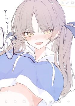 1girl blue_archive blush breasts brown_hair commentary_request cropped_hoodie highres hk_nnm hood hoodie huge_breasts long_hair looking_at_viewer moe_(blue_archive) open_mouth smile solo translation_request twintails white_background yellow_eyes