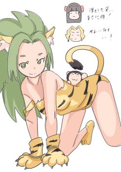 3girls all_fours bent_over black_hair blonde_hair breasts cham_cham charlotte_christine_de_colde closed_eyes green_eyes green_hair hair_ribbon half-closed_eyes highres japanese_text legs long_hair looking_at_viewer medium_breasts monkey multiple_girls nakoruru pointy_hair ribbon samurai_spirits seductive_gaze seductive_smile smile snk sweatdrop thighs translation_request vatsha