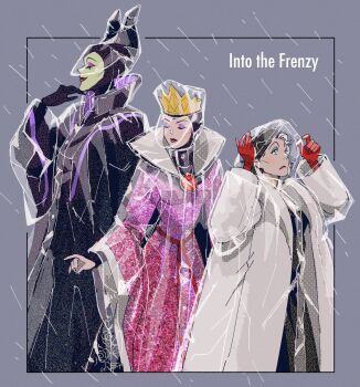 101_dalmatians 3boys blue_eyeshadow closed_mouth coat colored_skin commentary crown cruella_de_vil dress eyeshadow gloves green_skin grey_background high_collar highres horns juliet_sleeves long_sleeves makeup maleficent multiple_boys pink_dress pink_eyeshadow potepotetoooooo profile puffy_sleeves purple_eyeshadow rain red_gloves red_lips sleeping_beauty_(disney) snow_white's_queen_(fairy_tale_character) symbol-only_commentary white_coat wide_sleeves