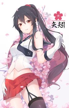 1girl asymmetrical_legwear black_hair blush breasts character_name cherry_blossoms commentary_request garter_straps gloves hand_on_own_thigh hand_up highres jenson_tw kantai_collection large_breasts long_hair looking_at_viewer midriff navel necktie open_mouth parted_lips petals pleated_skirt ponytail red_eyes red_skirt revision school_uniform scrunchie serafuku shirt sidelocks single_thighhigh skindentation skirt sleeveless sleeveless_shirt smile solo thighhighs uneven_legwear very_long_hair white_gloves yahagi_(kancolle)