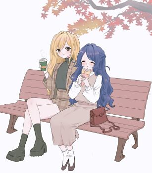 2girls :t ^_^ bag bench black_shirt blonde_hair blue_hair blush boots braid brown_coat brown_eyes brown_shoes brown_skirt casual closed_eyes coat commentary crepe cup disposable_cup eating food full_body half_up_braid half_updo highres holding holding_crepe holding_cup holding_food inda_karane kimi_no_koto_ga_dai_dai_dai_dai_daisuki_na_100-nin_no_kanojo kuchiha_chiru3 leaf light_blush long_hair long_sleeves maple_leaf multiple_girls on_bench outdoors plaid_clothes plaid_coat plaid_skirt platform_boots puffy_long_sleeves puffy_sleeves shirt shoes simple_background sitting skirt smile socks turtleneck turtleneck_shirt vest wavy_hair white_background white_socks yoshimoto_shizuka