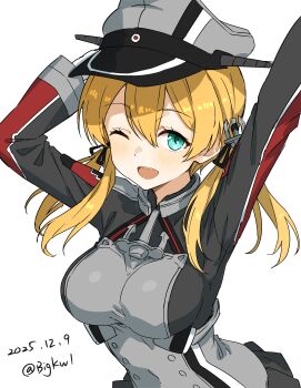 1girl ;d absurdres arm_up bigkwl black_ribbon blonde_hair blush breasts commentary dated dated_commentary double-parted_bangs green_eyes grey_hat grey_shirt hair_between_eyes hair_ribbon hat highres kantai_collection large_breasts long_hair long_sleeves looking_at_viewer one-hour_drawing_challenge one_eye_closed open_mouth prinz_eugen_(kancolle) ribbon shirt simple_background smile solo twitter_username upper_body white_background