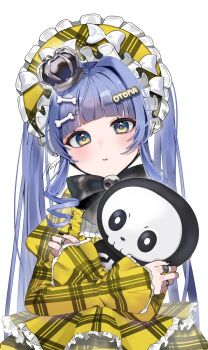 1girl aqua_eyes arisyooon black_bow black_bowtie blue_hair blunt_bangs bone_hair_ornament bonnet bow bowtie closed_mouth crown dress frilled_bonnet frilled_dress frills gold_dress hair_ornament hairclip hashtag-only_commentary head_tilt highres holding holding_stuffed_toy jewelry juliet_sleeves lolita_fashion long_hair long_sleeves looking_at_viewer mini_crown nail_polish official_alternate_costume puffy_sleeves ring sidelocks simple_background solo stuffed_toy twintails upper_body virtual_youtuber vspo! white_background yano_kuromu yano_kuromu_(3rd_costume)