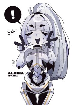 1girl albina_(project_moon) android blush cable_hair closed_eyes colored_skin cowboy_shot double_v high_ponytail highres jacket limbus_company long_hair ny_000a open_mouth ponytail project_moon seams simple_background smile solo v very_long_hair white_background white_hair white_jacket white_skin