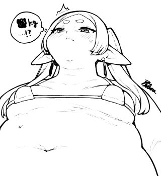 !? ... 1girl alternate_body_size breasts closed_mouth commentary_request earrings elf fat fat_woman frieren fusa_(starless2323) greyscale hair_over_shoulder head_back jewelry long_hair long_pointy_ears looking_up medium_breasts meme monochrome navel obese pointy_ears short_eyebrows simple_background solo sousou_no_frieren speech_bubble sweat thought_bubble twintails upper_body upward_angle_frieren_drawing_(meme) white_background