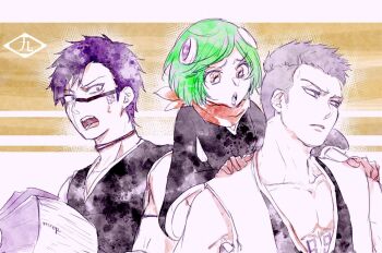 Rule 34 | 1046sstep btoh, 1girl, 2boys, bandana, bandana around neck, bleach, bleach: sennen kessen-hen, chest tattoo, commentary request, facial tattoo, green hair, grey eyes, grey hair, hisagi shuuhei, holding, holding paper, kuna mashiro, muguruma kensei, multiple boys, number tattoo, open mouth, orange bandana, paper, paper stack, pectoral cleavage, pectorals, purple eyes, purple hair, shihakusho, short hair, signature, sleeveless, tattoo, undercut