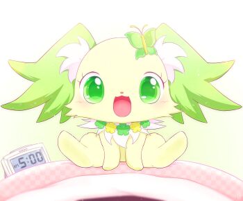 Rule 34 | :3, :d, alarm clock, animal, animal focus, animalization, blanket, blush, butterfly hair ornament, clock, commentary request, creature, creature focus, dog, flower, green eyes, hair ornament, highres, jewelpet (creature), jewelpet (series), looking at viewer, master nabesama, no humans, open mouth, peridot (jewelpet), pov, sitting, smile, solo