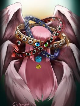 angel biblically_accurate_angel blue_eyes bocchi_the_rock! cable_tie colored_sclera commentary cross-shaped_pupils cube disembodied_eye disembodied_head english_commentary extra_eyes feathered_wings floating floating_head gotoh_hitori gradient_background green_eyes heterochromia ijichi_nijika kita_ikuyo long_hair looking_at_viewer multiple_wings orange_sclera pink_hair pink_wings red_eyes red_sclera seraph signature symbol-shaped_pupils too_many_eyes vignetting wings yamada_ryo yellow_eyes