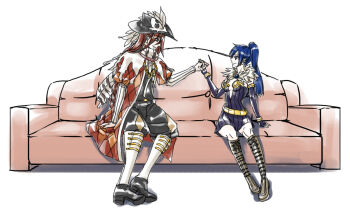 1boy 1girl alchemist_(ragnarok_online) black_hat black_scarf black_shorts black_vest blue_hair boots breasts brown_boots coat commentary_request couch couple dress elbow_gloves fingerless_gloves full_body fur_collar gloves green_eyes hat hetero high_ponytail holding_hands interlocked_fingers long_hair minstrel_(ragnarok_online) on_couch open_clothes open_coat plume ponytail purple_dress purple_gloves ragnarok_online red_coat red_hair scarf shirt short_hair shorts simple_background sitting small_breasts strapless strapless_dress striped_clothes striped_scarf toriria vest white_background white_scarf white_shirt