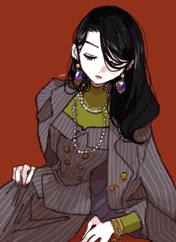 1girl black_hair bracelet buttons closed_eyes closed_mouth commentary_request earrings green_sweater hair_behind_ear hand_on_own_hip highres jacket jacket_on_shoulders jewelry long_hair necklace original pearl_necklace red_background red_nails simple_background solo striped_clothes sweater swept_bangs turtleneck vertical-striped_clothes yasu_urayaka