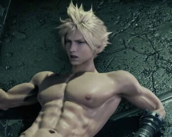 1boy 3d abs blurry cloud_strife final_fantasy final_fantasy_vii final_fantasy_vii_remake male_focus muscular muscular_male non-web_source on_floor solo