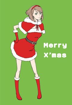1girl belt brown_hair capelet christmas closed_mouth commentary_request dress gloves green_eyes kaburagi_yuki kantai_collection looking_at_viewer merry_christmas mutsu_(kancolle) red_capelet red_gloves santa_costume santa_dress short_hair skirt smile solo