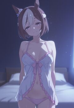 1girl animal_ears arms_behind_back artist_request bare_shoulders bed bed_sheet bedroom blush braid breasts brown_hair cleavage closed_mouth collarbone crown_braid dot_nose dress female_focus highres horse_ears horse_girl imminent_penetration imminent_vaginal indoors legs looking_at_viewer medium_breasts medium_dress midriff multicolored_hair navel nightgown no_bra panties pillow pink_panties purple_eyes sexually_suggestive sleeveless smile solo solo_focus special_week_(umamusume) stomach streaked_hair thighs two-tone_hair umamusume underwear white_nightgown white_streaks